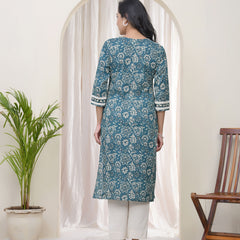 Women Ferozi Cotton printed Straight Kurti