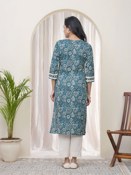 Women Ferozi Cotton printed Straight Kurti