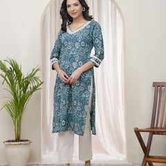 Women Ferozi Cotton printed Straight Kurti