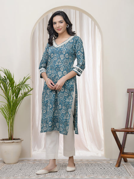 Women Ferozi Cotton printed Straight Kurti