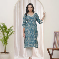 Women Ferozi Cotton printed Straight Kurti