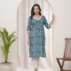 Women Ferozi Cotton printed Straight Kurti