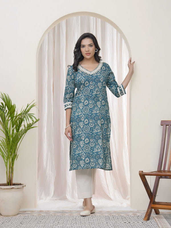 Women Ferozi Cotton printed Straight Kurti
