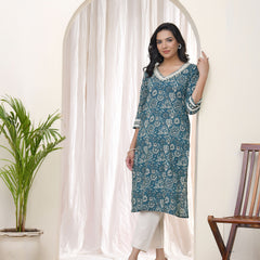 Women Ferozi Cotton printed Straight Kurti