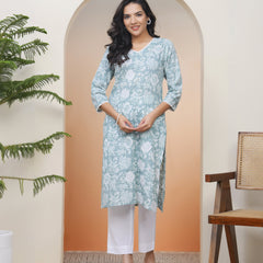 Women Mint Cotton printed Straight Kurti