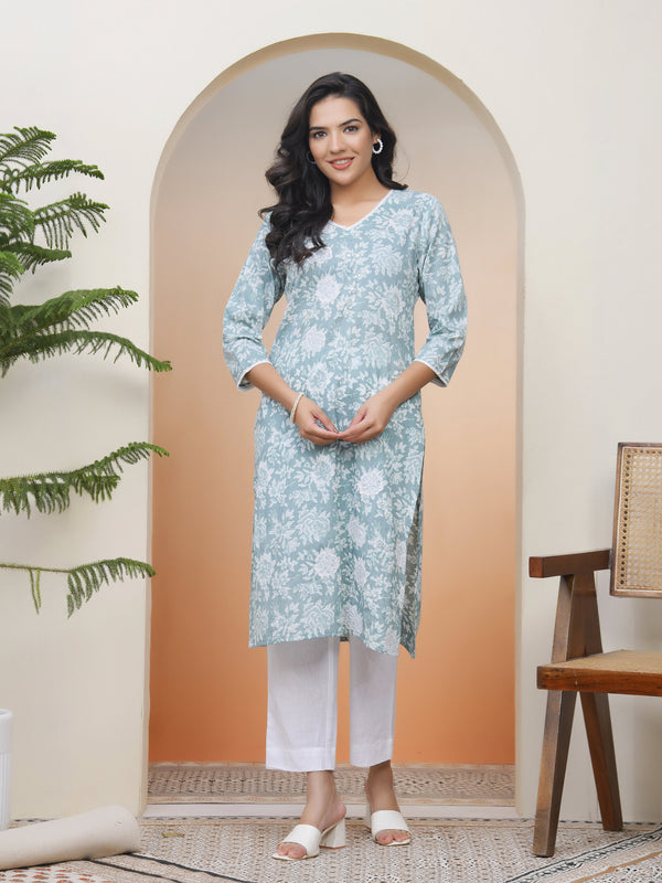 Women Mint Cotton printed Straight Kurti