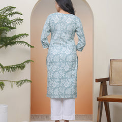 Women Mint Cotton printed Straight Kurti