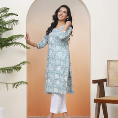 Women Mint Cotton printed Straight Kurti