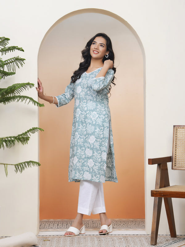 Women Mint Cotton printed Straight Kurti