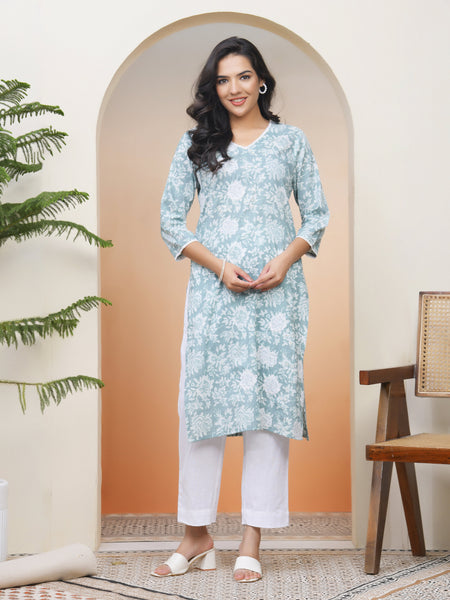 Women Mint Cotton printed Straight Kurti