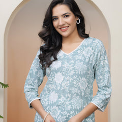 Women Mint Cotton printed Straight Kurti