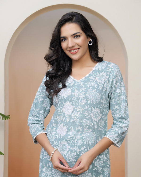 Women Mint Cotton printed Straight Kurti