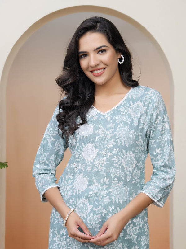 Women Mint Cotton printed Straight Kurti