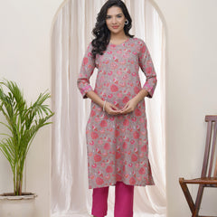 Women Charcoal Cotton printed Straight Kurti