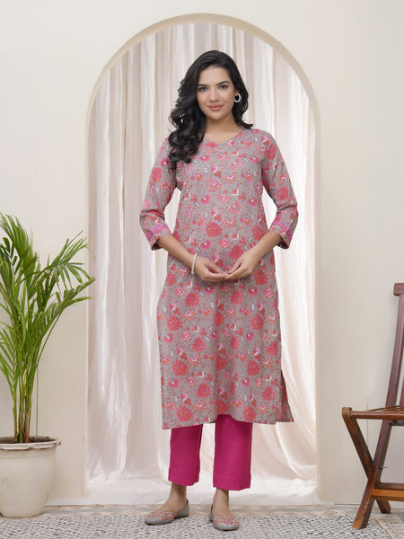 Women Charcoal Cotton printed Straight Kurti