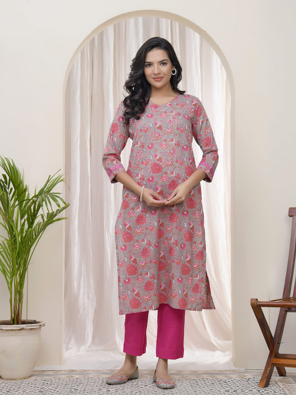 Women Charcoal Cotton printed Straight Kurti