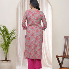 Women Charcoal Cotton printed Straight Kurti