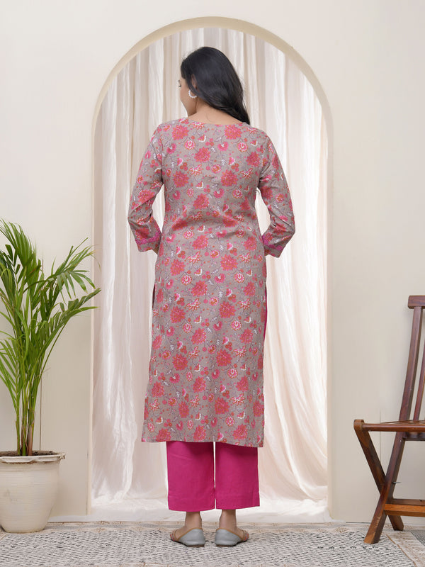 Women Charcoal Cotton printed Straight Kurti