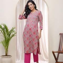 Women Charcoal Cotton printed Straight Kurti