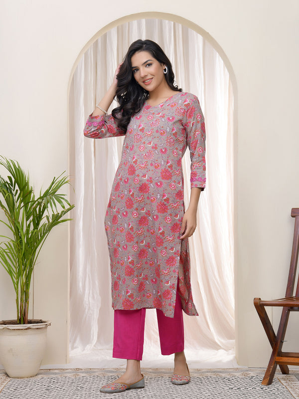Women Charcoal Cotton printed Straight Kurti