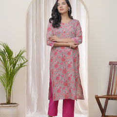 Women Charcoal Cotton printed Straight Kurti