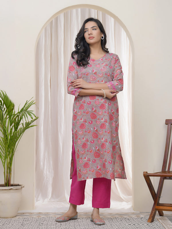 Women Charcoal Cotton printed Straight Kurti