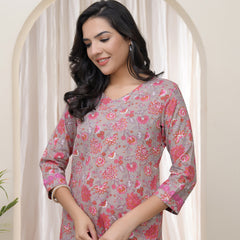 Women Charcoal Cotton printed Straight Kurti