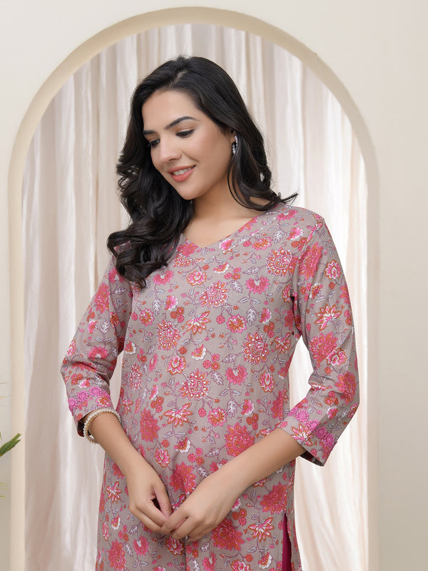 Women Charcoal Cotton printed Straight Kurti