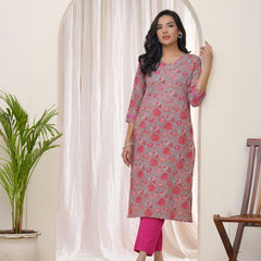 Women Charcoal Cotton printed Straight Kurti
