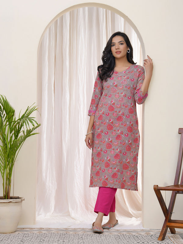 Women Charcoal Cotton printed Straight Kurti
