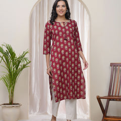 Women Maroon Cotton printed Straight Kurti