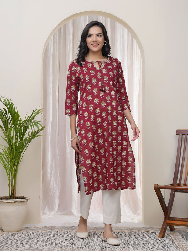 Women Maroon Cotton printed Straight Kurti