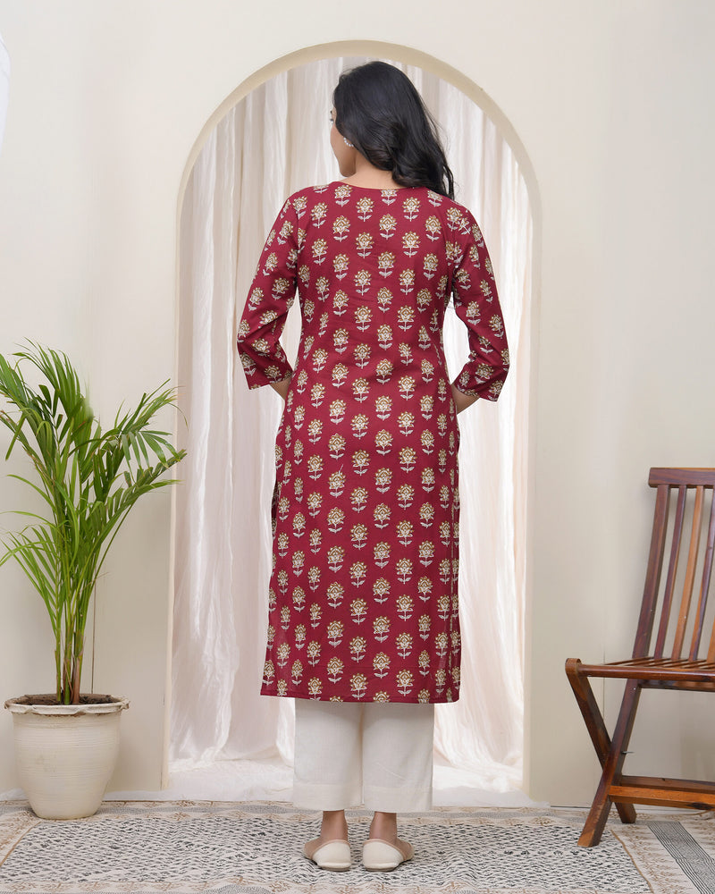 Women Maroon Cotton printed Straight Kurti