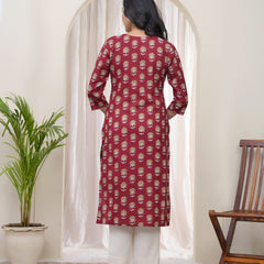 Women Maroon Cotton printed Straight Kurti