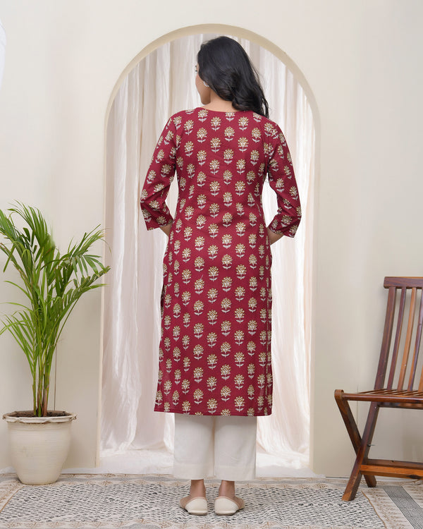 Women Maroon Cotton printed Straight Kurti