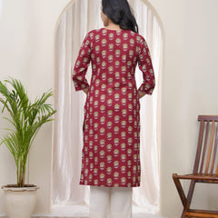 Women Maroon Cotton printed Straight Kurti