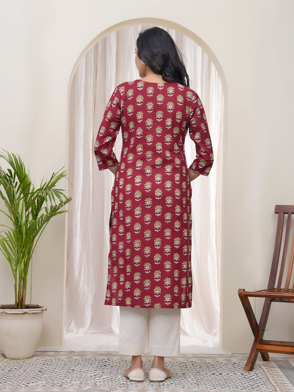 Women Maroon Cotton printed Straight Kurti