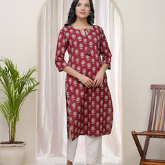 Women Maroon Cotton printed Straight Kurti