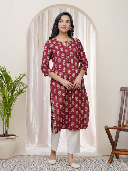 Women Maroon Cotton printed Straight Kurti