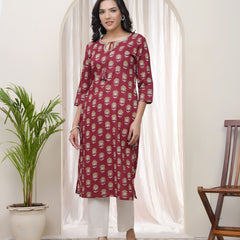 Women Maroon Cotton printed Straight Kurti