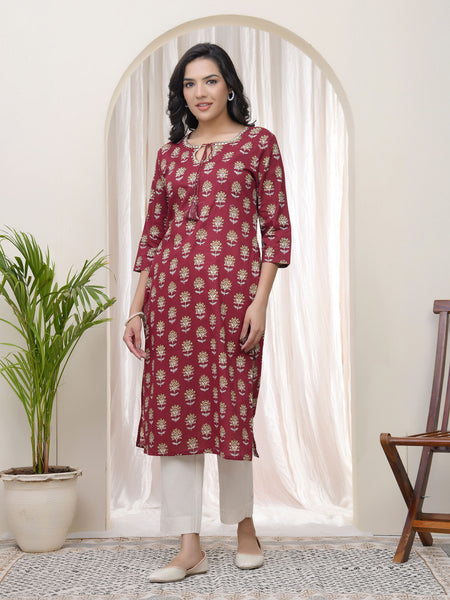 Women Maroon Cotton printed Straight Kurti