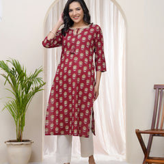 Women Maroon Cotton printed Straight Kurti