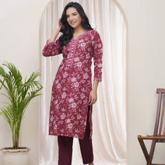 Women Magenta Cotton printed Straight Kurti