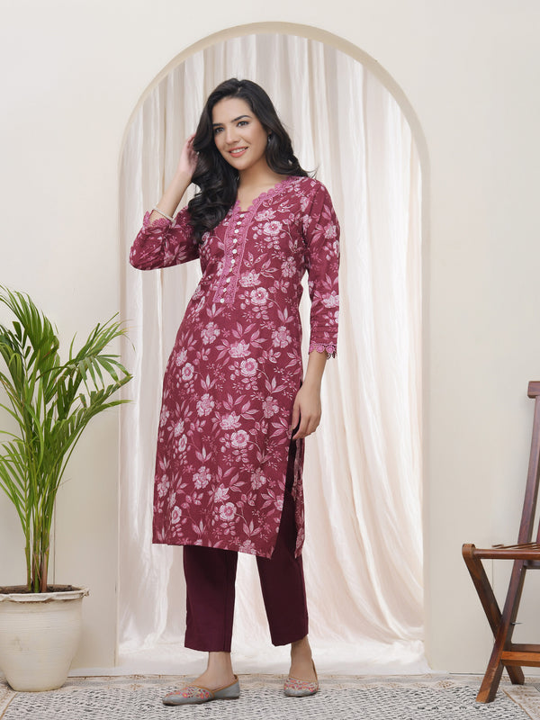 Women Magenta Cotton printed Straight Kurti