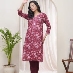 Women Magenta Cotton printed Straight Kurti
