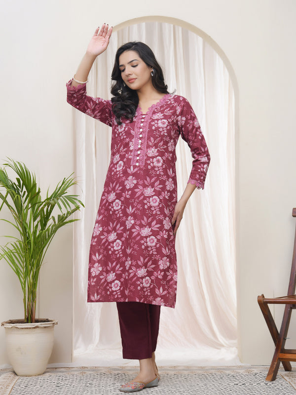 Women Magenta Cotton printed Straight Kurti