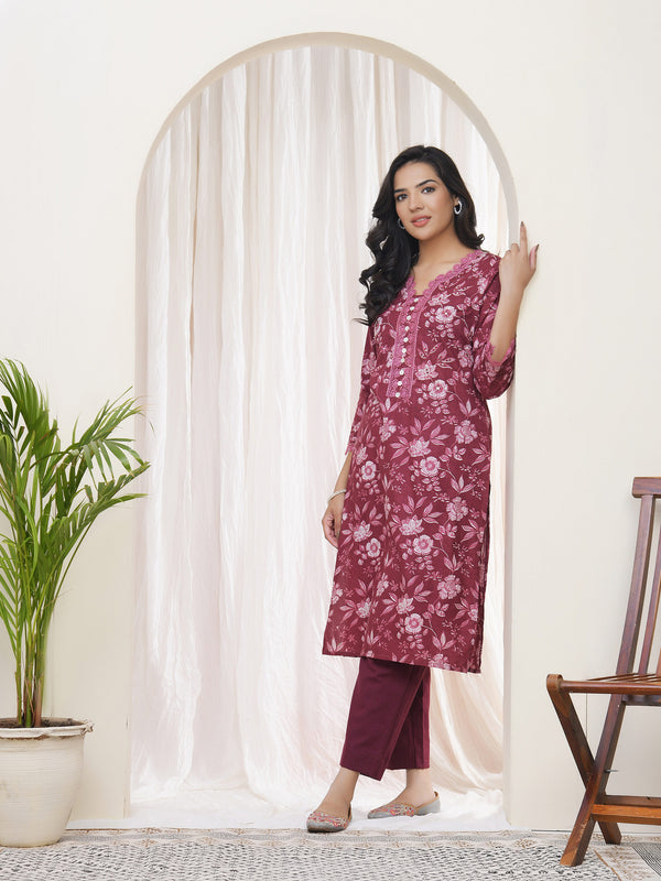 Women Magenta Cotton printed Straight Kurti