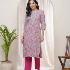 Women Grey Cotton printed Straight Kurti