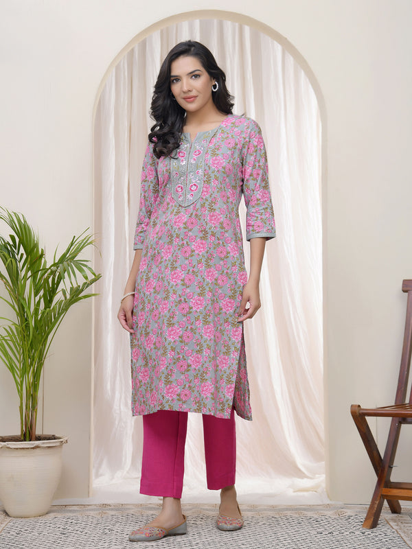 Women Grey Cotton printed Straight Kurti