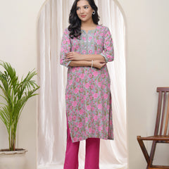 Women Grey Cotton printed Straight Kurti